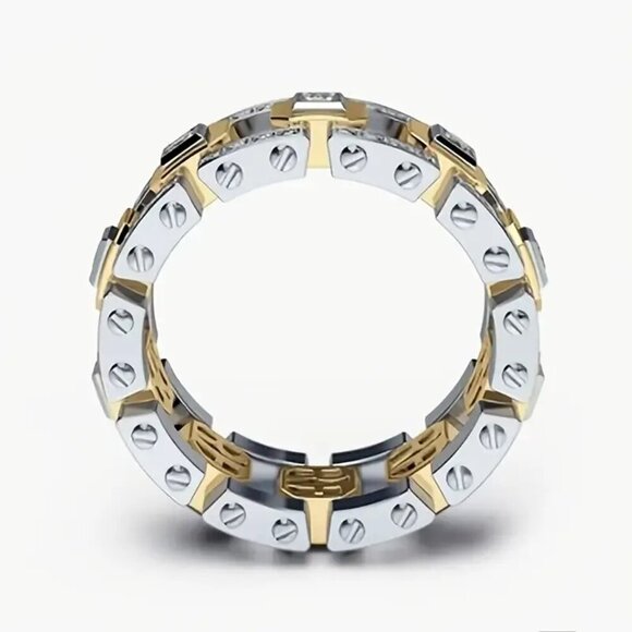 Tungsten Steel Eternity Two Tone Gold & Silver Statement 1.80 Carat CZ Ring - Picture 3 of 4
